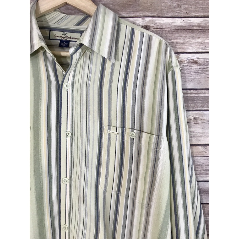 TOMMY BAHAMA Mens Striped Green Yellow  100% Silk Long Sleeve Button Shirt L - Picture 3 of 5